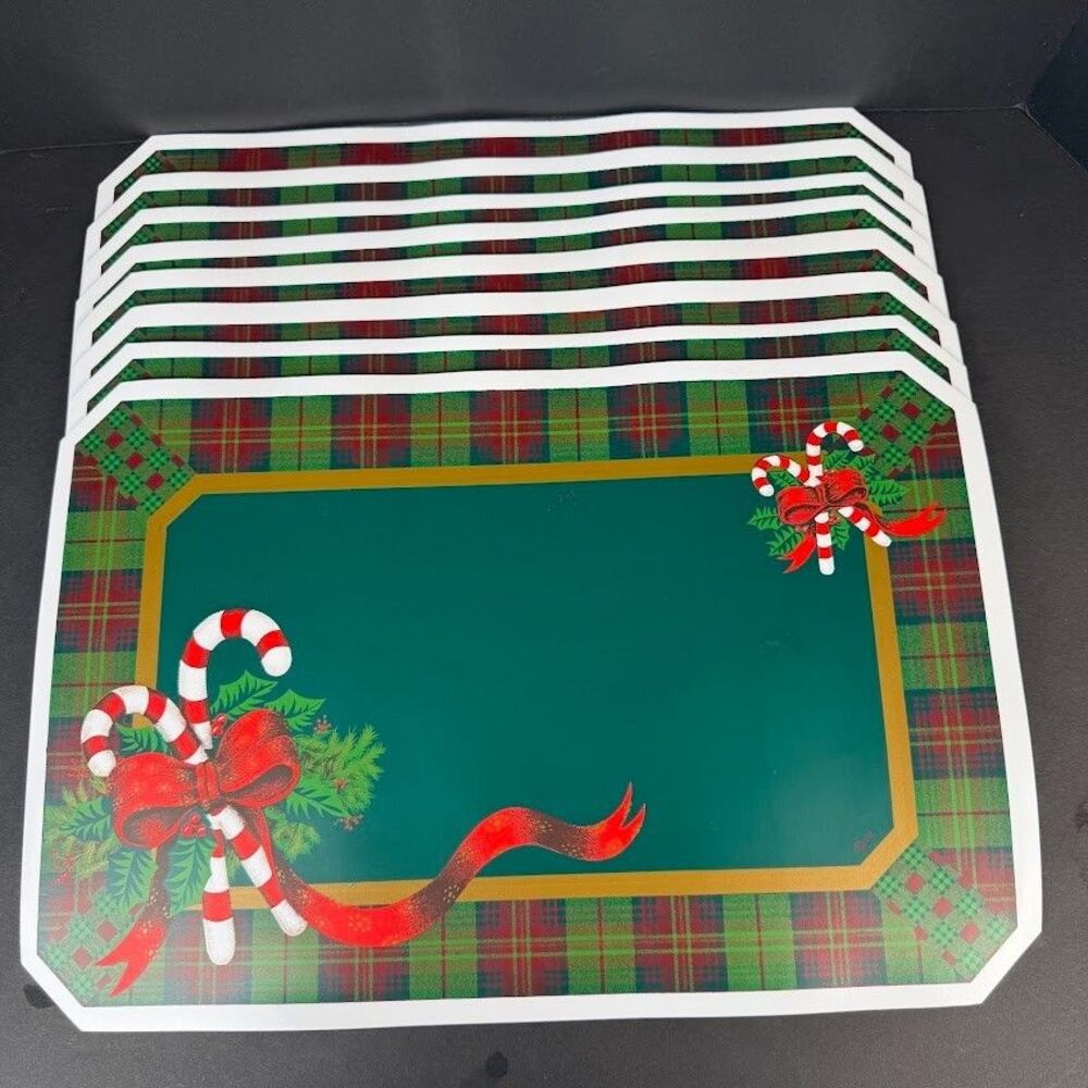 Set of 8 Vintage Town & Country Vinyl Plaid Candy Cane Christmas Placemats